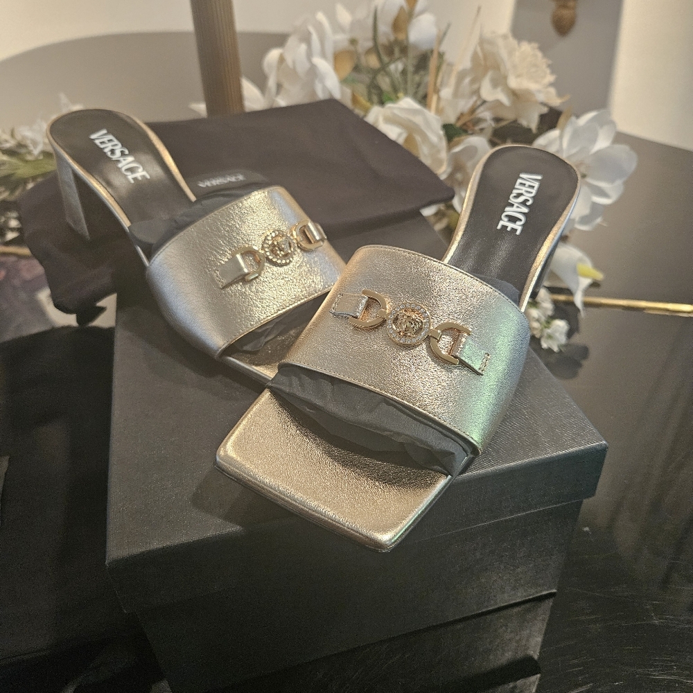 Versace Gold Leather Metallic Mules